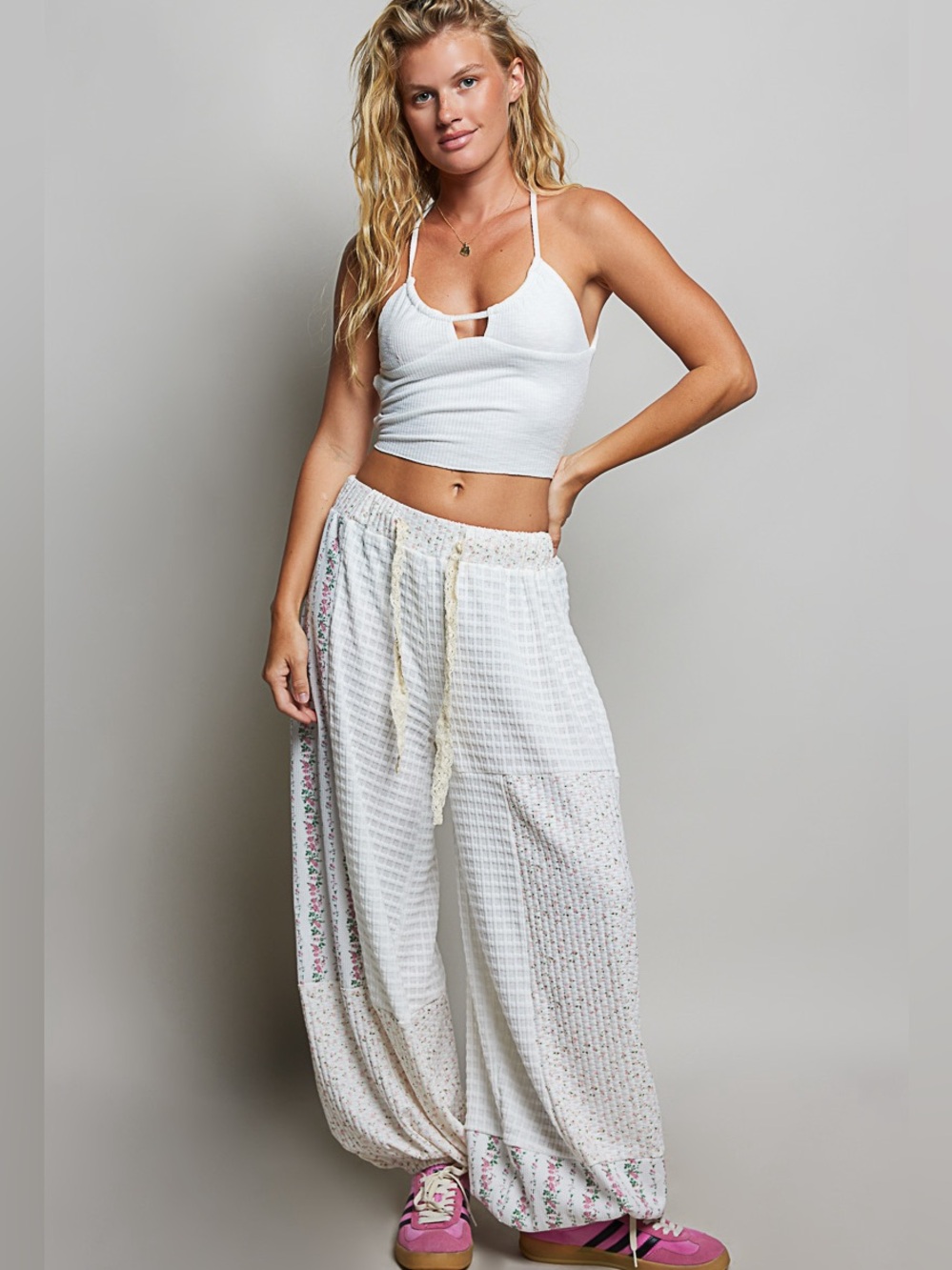 ♥️Hello Gorgeous! POL Patchwork Mixed Knit Wide Leg Pants- Ivory
